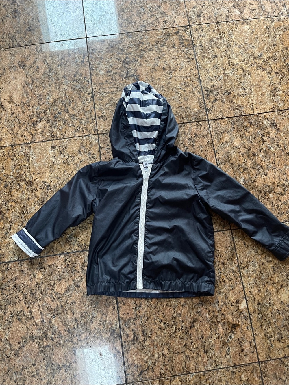 Children's Navy Hooded Rain Jacket with Stripe Lining reversible